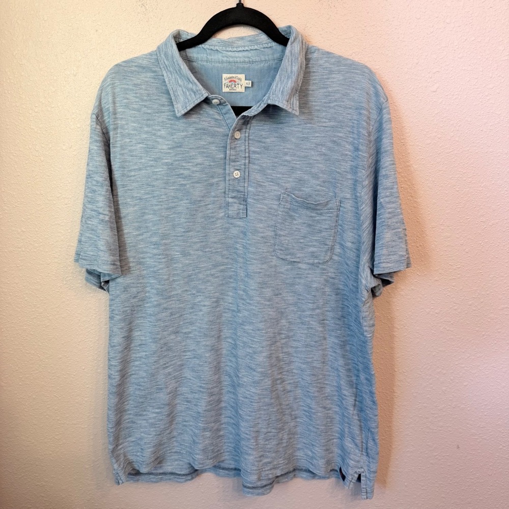 Faherty Brand Mens XL Indigo Dyed Slub Cotton Short Sleeve Polo Shirt Blue